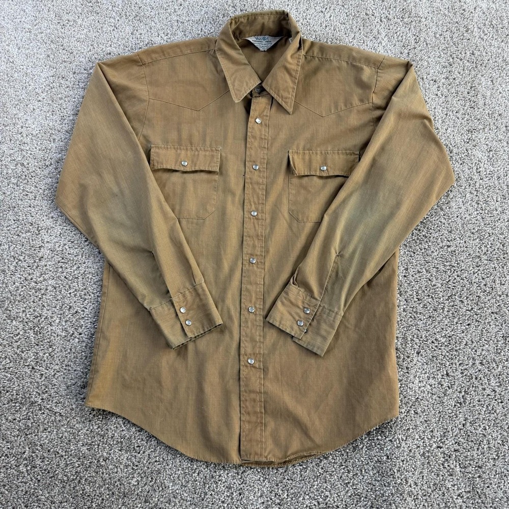 Vintage Van Cort Shirt Mens Large Brown Solid Long Sleeve Western Snap Button Up